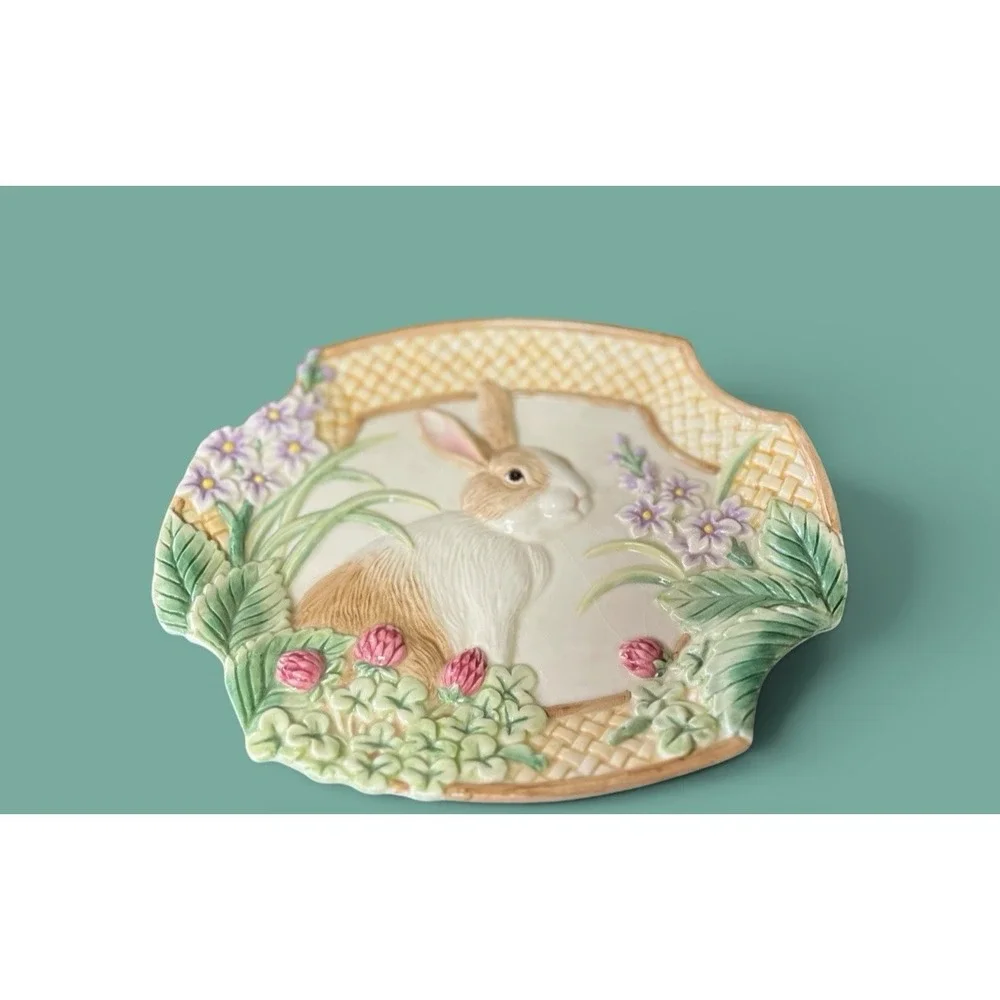 Fitz & Floyd Essentials Botanical Bunny Rabbit Canape Plate Dish Bowl Embossed